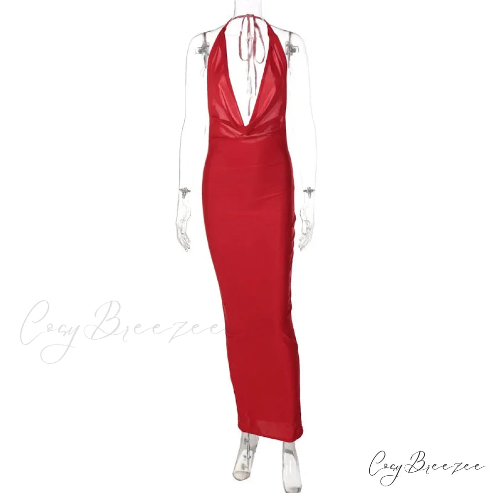 Elegant Satin Deep V Neck Sleeveless Maxi Christmas Party Dress Red / S