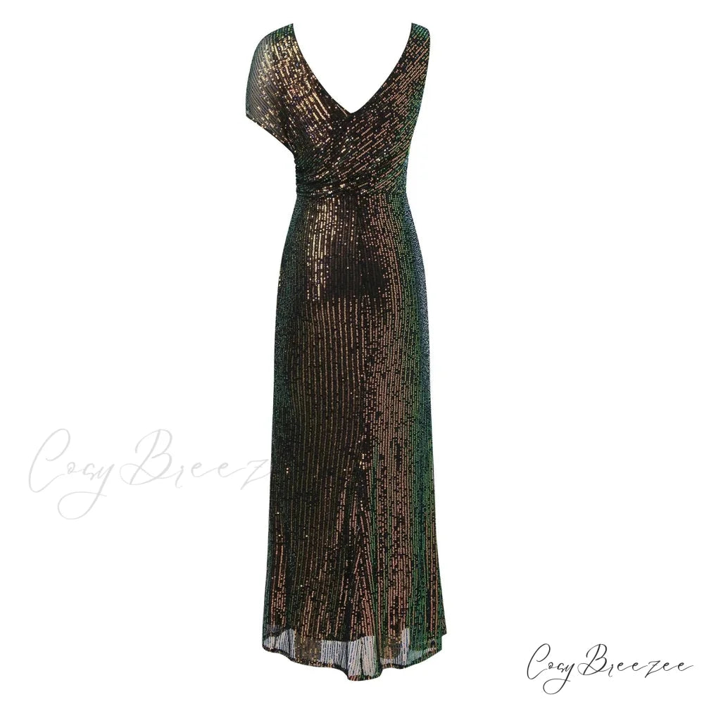 Elegant Sequined One-Shoulder Ruffled Side-Split Draped Evening Prom Maxi Dress