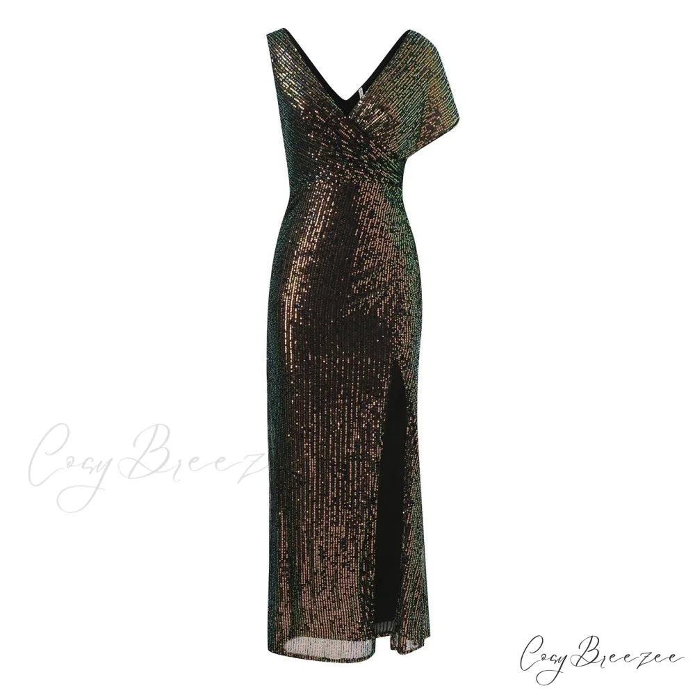 Elegant Sequined One-Shoulder Ruffled Side-Split Draped Evening Prom Maxi Dress