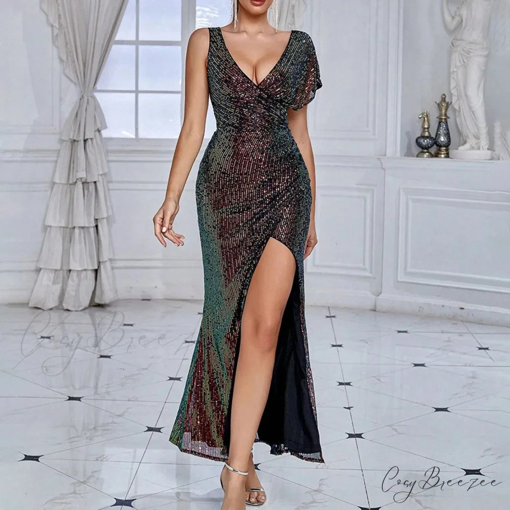 Elegant Sequined One-Shoulder Ruffled Side-Split Draped Evening Prom Maxi Dress Black / S
