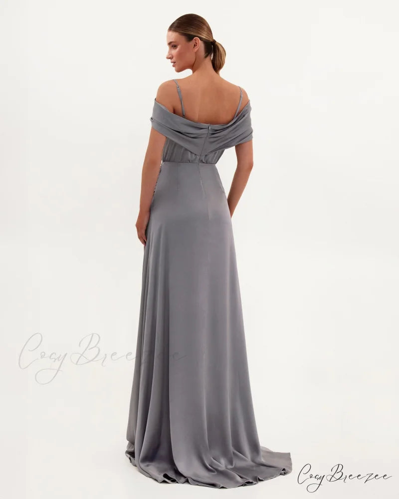 Elegant Silver Off-The-Shoulder Charming Silk Maxi Dress