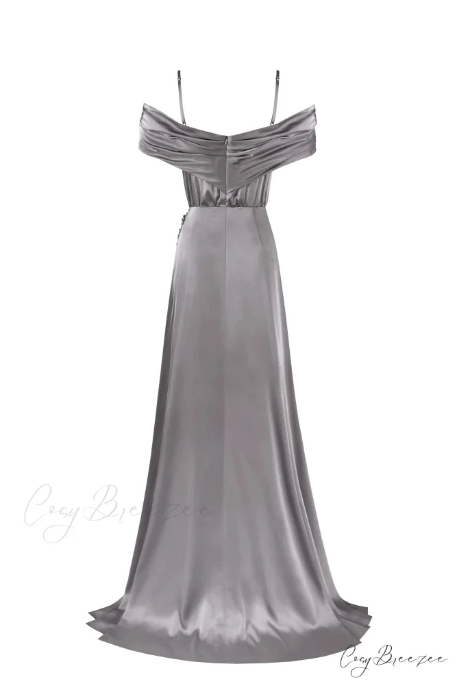 Elegant Silver Off-The-Shoulder Charming Silk Maxi Dress