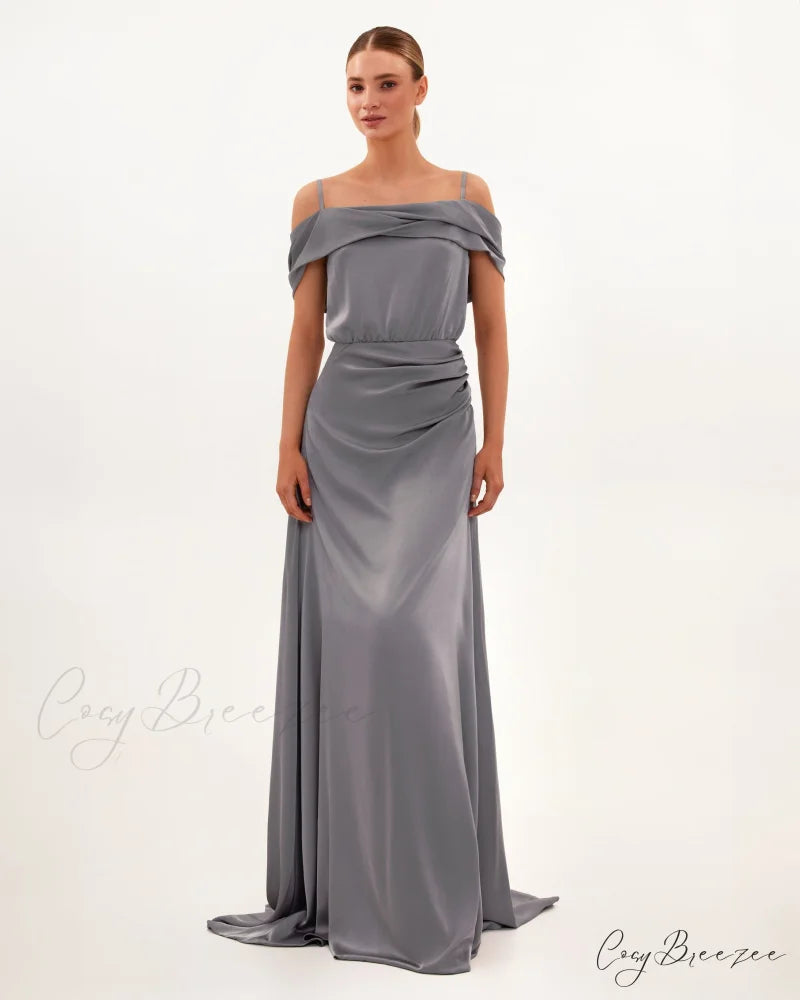 Elegant Silver Off-The-Shoulder Charming Silk Maxi Dress