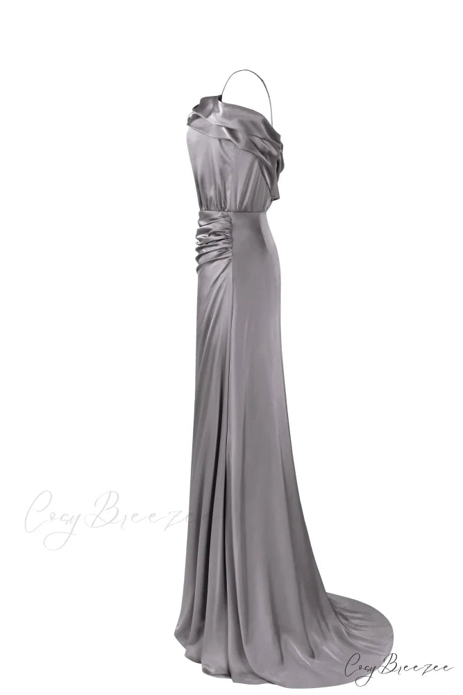 Elegant Silver Off-The-Shoulder Charming Silk Maxi Dress