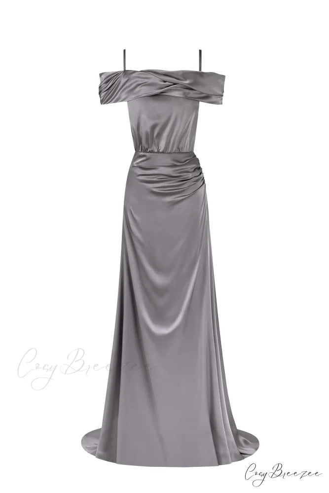 Elegant Silver Off-The-Shoulder Charming Silk Maxi Dress XXS / Silver