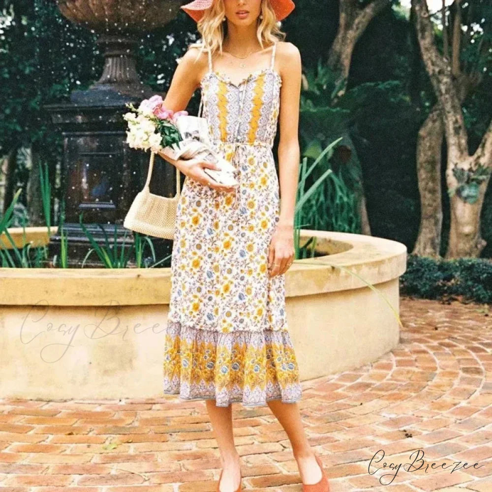 Elegant Sleeveless Floral Rayon Cotton Midi Boho Dress bohodress-250126