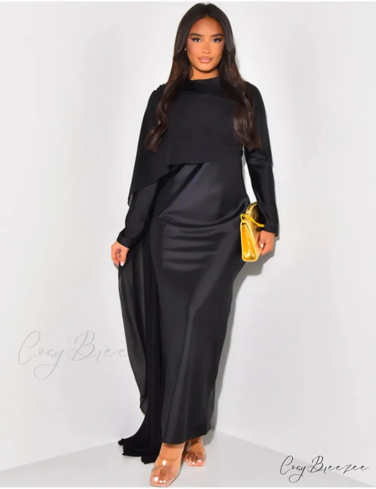 Elegant Solid Color Round Neck High Waist Swing Red Christmas Party Dress Black / S