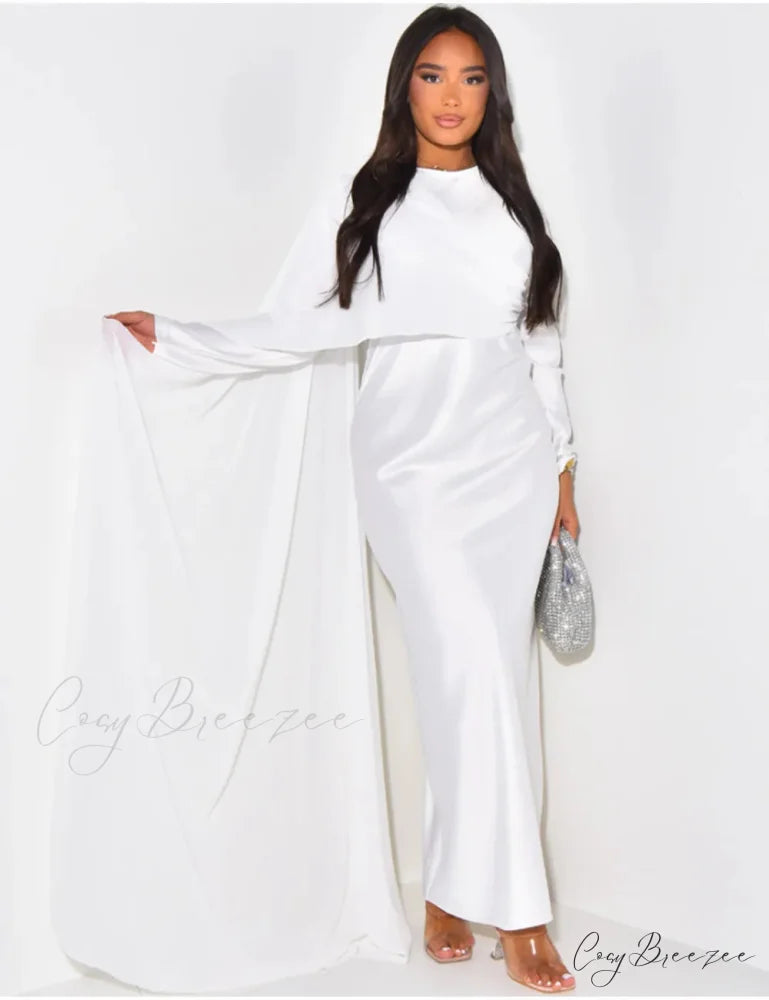 Elegant Solid Color Round Neck High Waist Swing Red Christmas Party Dress white / S