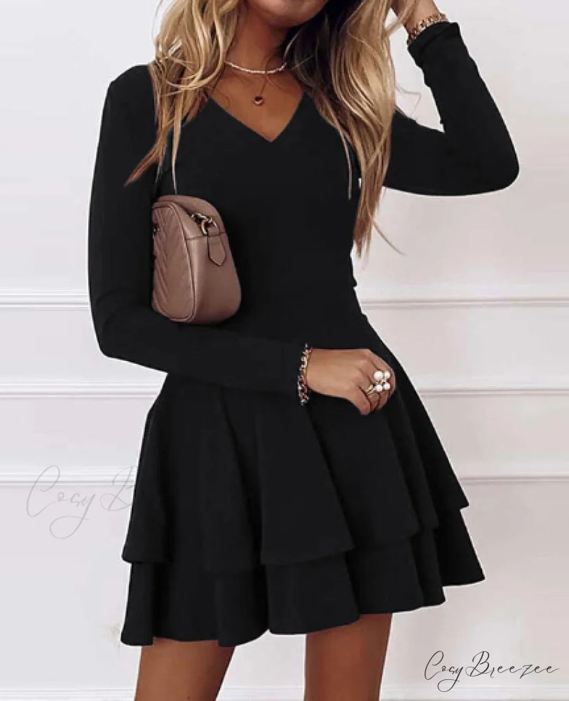 Elegant Solid Color Ruffle Party Dress - Women’s Sexy V-neck Long Sleeve S / BLACK