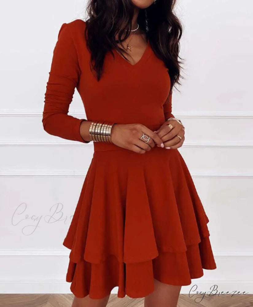 Elegant Solid Color Ruffle Party Dress - Women’s Sexy V-neck Long Sleeve S / BURGUNDY