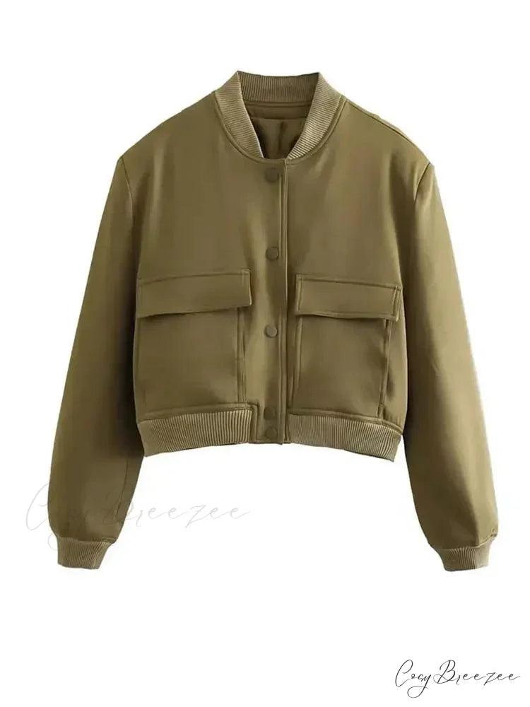 Elegant Solid Single-breasted Motorcycle Chic Long Sleeves With Pocket Autumn Stylish Coat Army Green / S