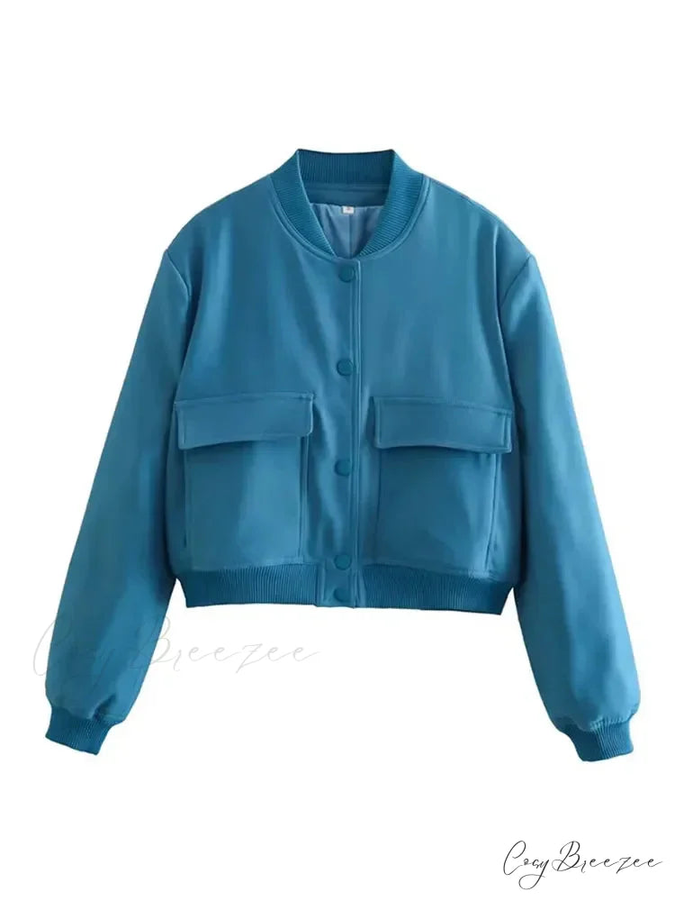 Elegant Solid Single-breasted Motorcycle Chic Long Sleeves With Pocket Autumn Stylish Coat BLUE / S