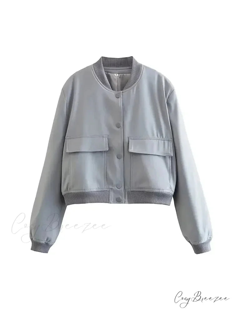 Elegant Solid Single-breasted Motorcycle Chic Long Sleeves With Pocket Autumn Stylish Coat Grey / S
