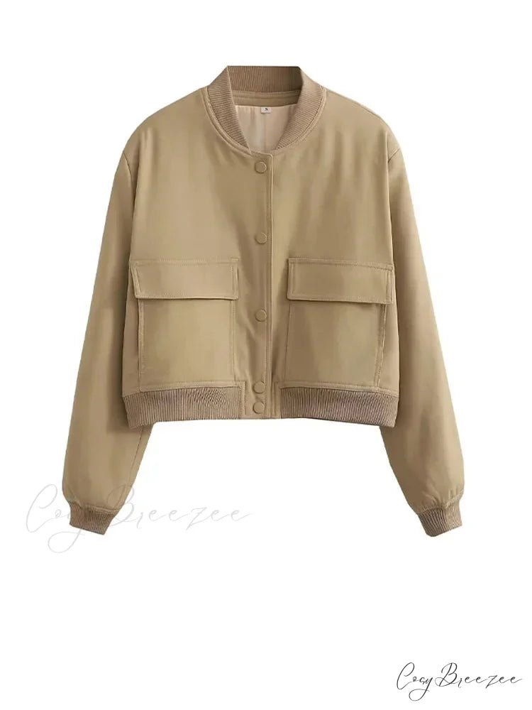 Elegant Solid Single-breasted Motorcycle Chic Long Sleeves With Pocket Autumn Stylish Coat Khaki / S