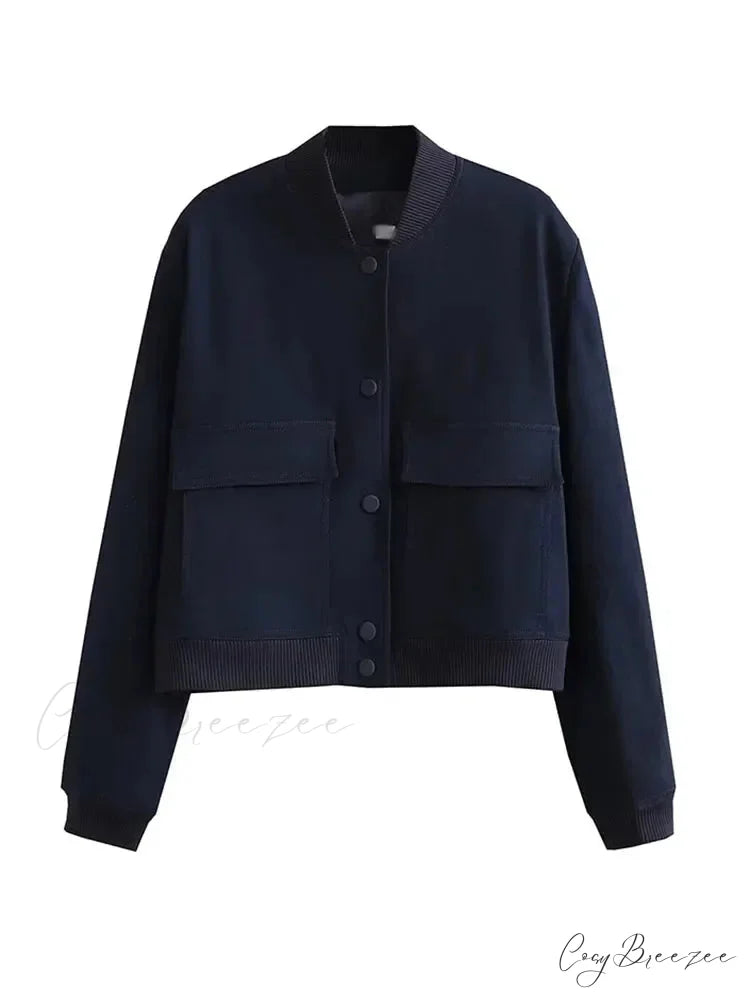 Elegant Solid Single-breasted Motorcycle Chic Long Sleeves With Pocket Autumn Stylish Coat Navy blue / S