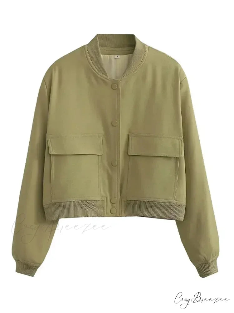 Elegant Solid Single-breasted Motorcycle Chic Long Sleeves With Pocket Autumn Stylish Coat Olive Green / S