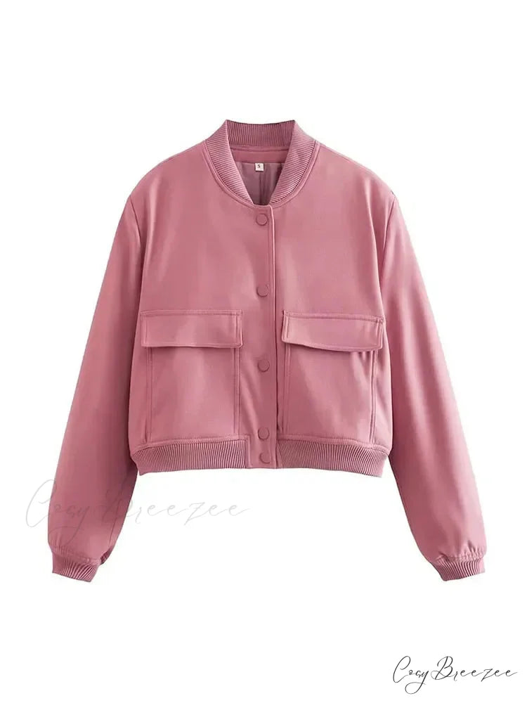 Elegant Solid Single-breasted Motorcycle Chic Long Sleeves With Pocket Autumn Stylish Coat PINK / S