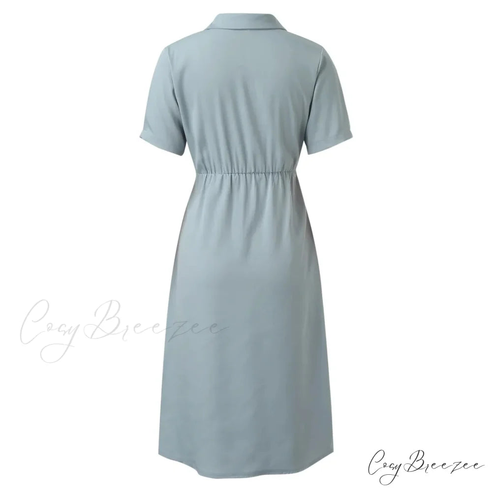 Elegant Solid Slim Korean Style Streetwear Midi Short Sleeve Lapel Casual Cozy Summer Fashion 2024 Dress