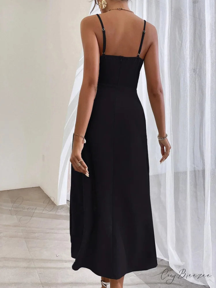 Elegant Spaghetti Strap Charming Pleated Leg Slit Dress