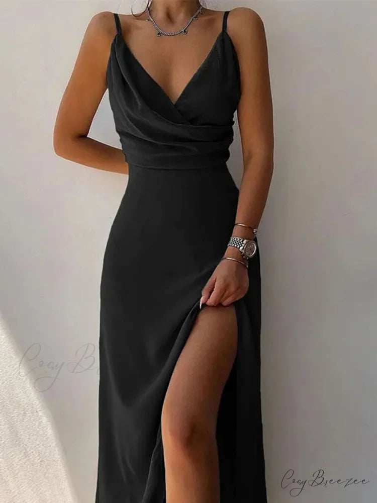 Elegant Spaghetti Strap Charming Pleated Leg Slit Dress Black / S