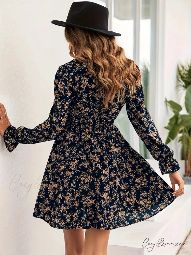 Elegant Spring Autumn Floral Print A-line Dress oldfloraldress-250126