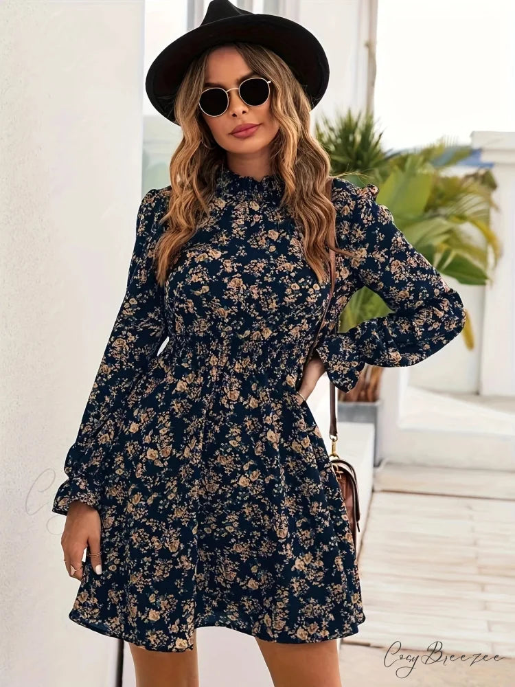 Elegant Spring Autumn Floral Print A-line Dress oldfloraldress-250126