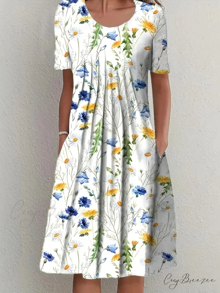 Elegant Spring Summer Round Neck Printed Floral Dress cloro1 / S oldfloraldress-250126