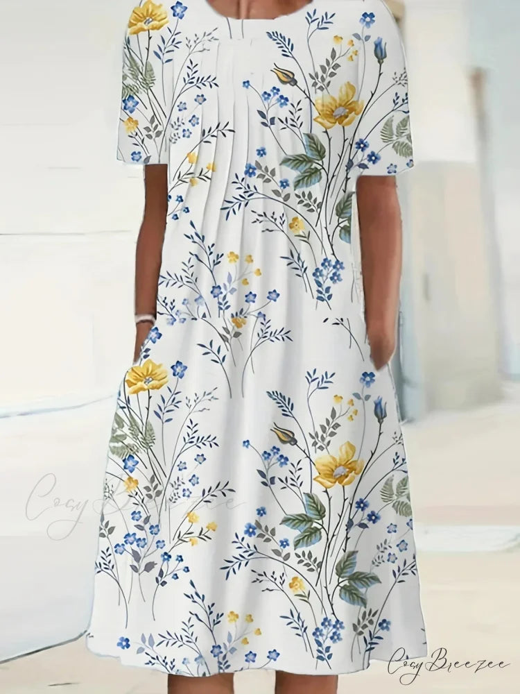 Elegant Spring Summer Round Neck Printed Floral Dress cloro2 / S oldfloraldress-250126