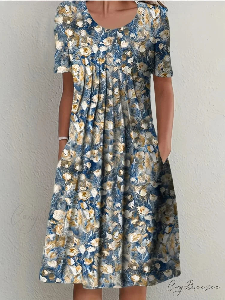 Elegant Spring Summer Round Neck Printed Floral Dress cloro3 / S oldfloraldress-250126