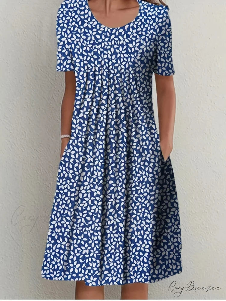 Elegant Spring Summer Round Neck Printed Floral Dress cloro6 / S oldfloraldress-250126