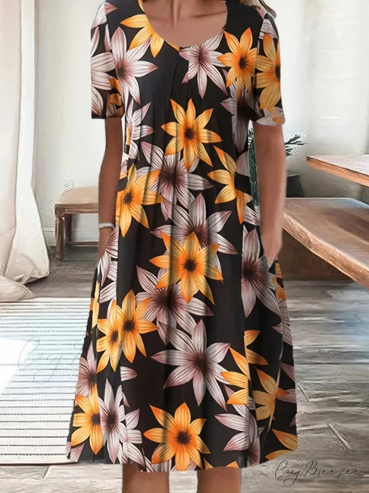 Elegant Spring Summer Round Neck Printed Floral Dress cloro7 / S oldfloraldress-250126