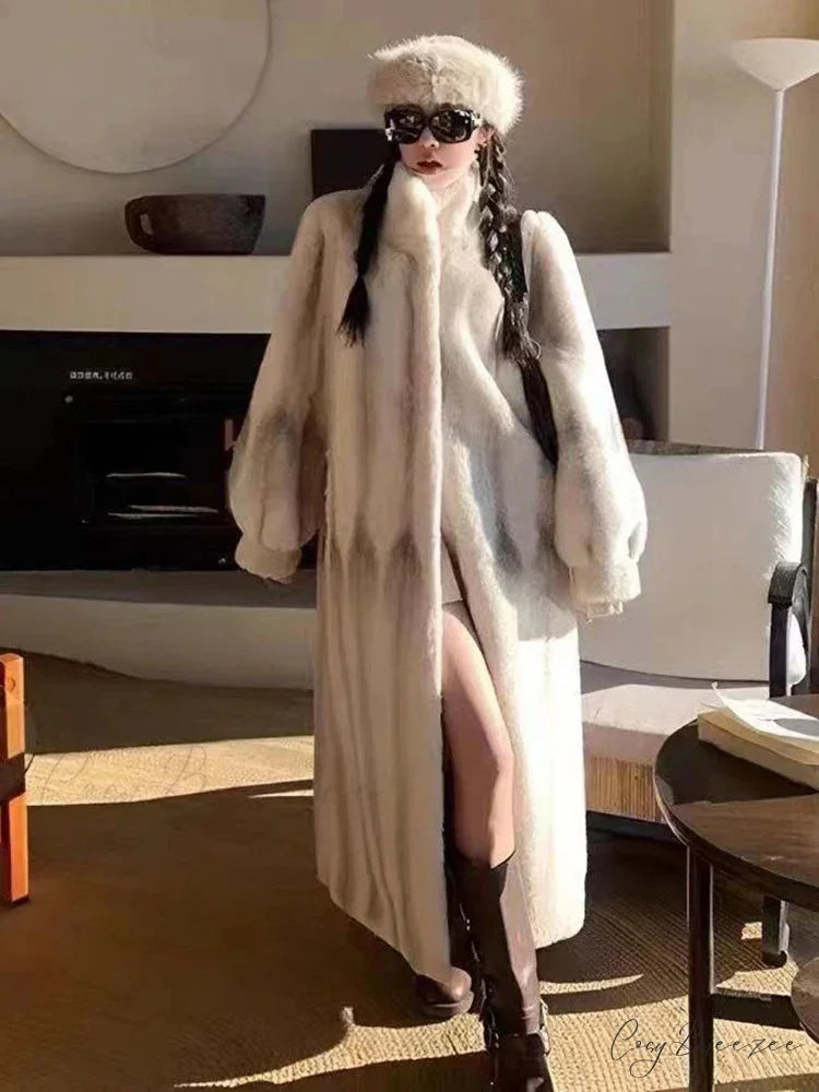 Elegant Standing Collar Faux Fur Mink Coat beige 2 / S overcoats-241228