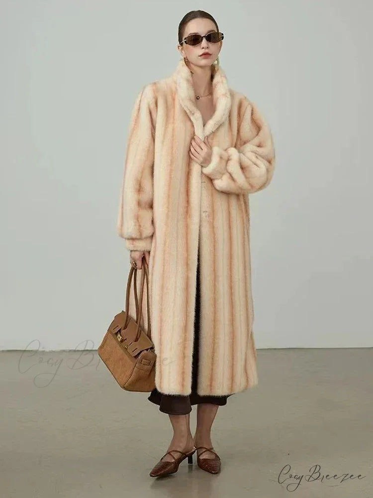 Elegant Standing Collar Faux Fur Mink Coat overcoats-241228