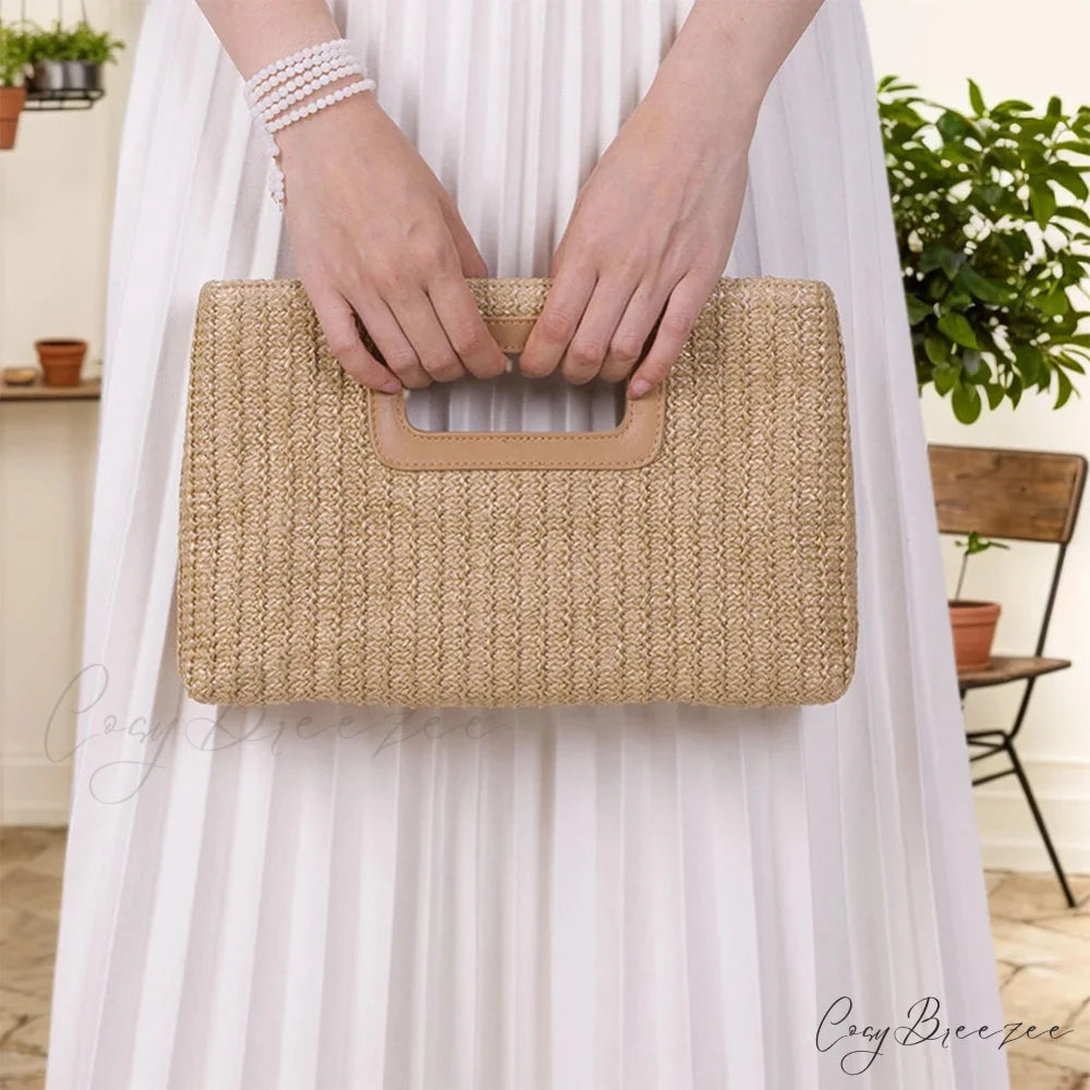 Elegant Straw Clutch Beige wristlet-250126