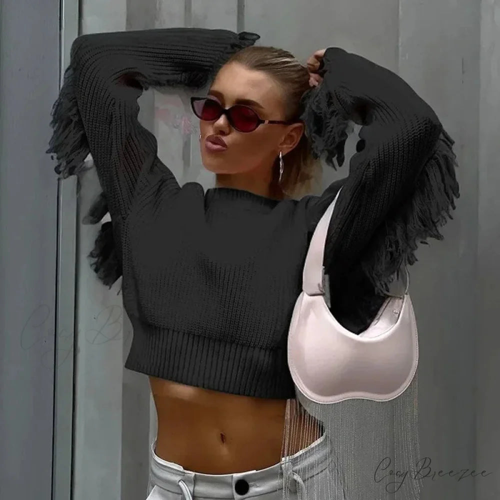 Elegant Tassel Patchwork Pullover Sweater Black / S swraters-241228