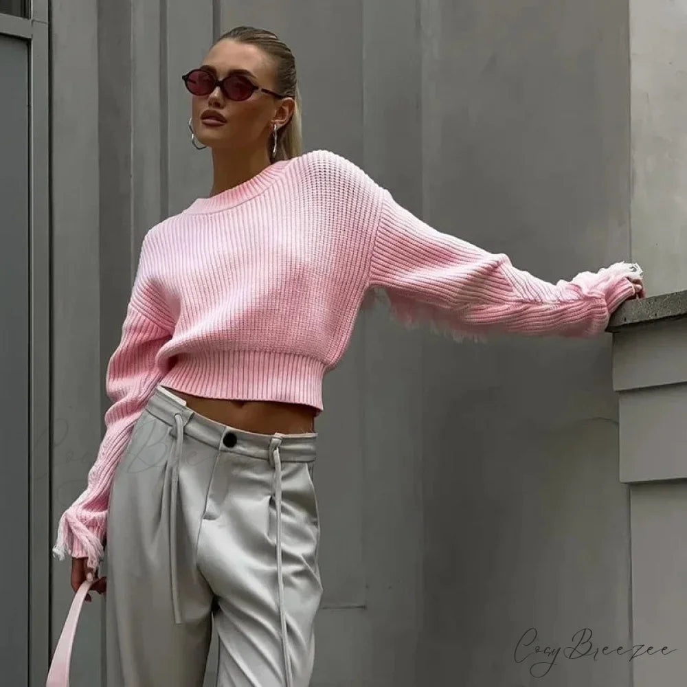 Elegant Tassel Patchwork Pullover Sweater Light Pink / S swraters-241228