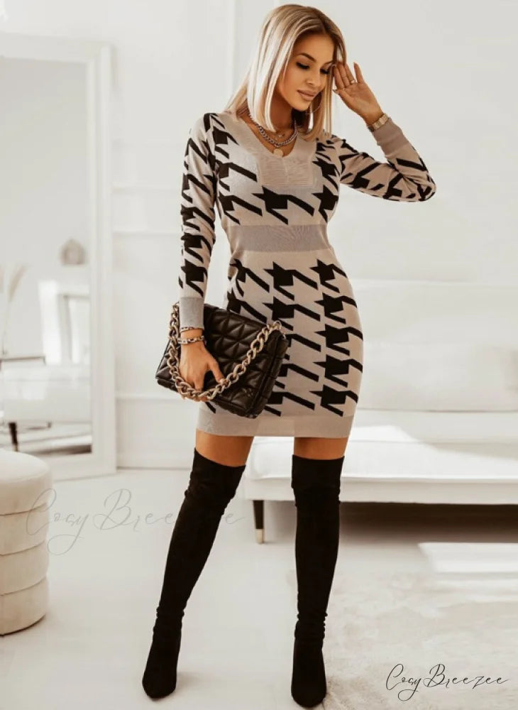 Elegant V Neck Print High Waist Long Sleeve Mini Dress for Women M / BLACK