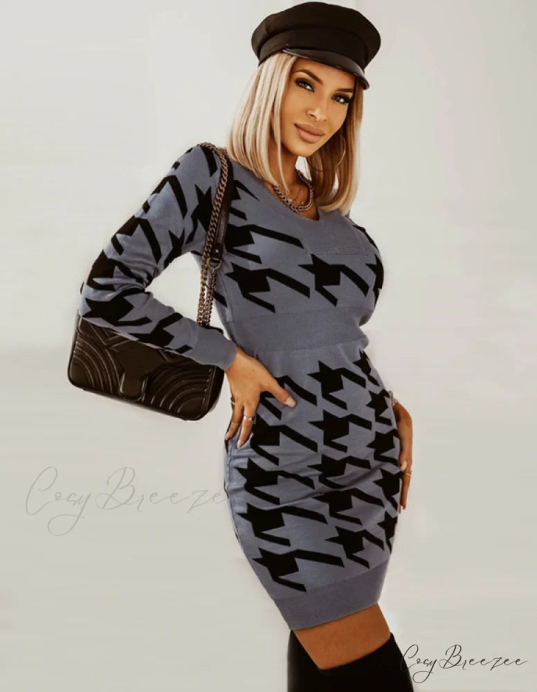 Elegant V Neck Print High Waist Long Sleeve Mini Dress for Women M / GRAY