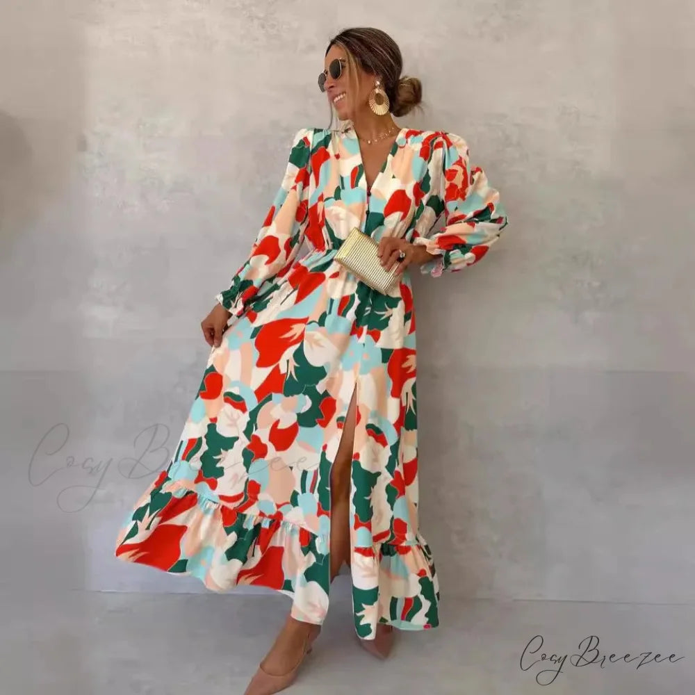 Elegant V-neck Printed Floral Dress oldfloraldress-250126