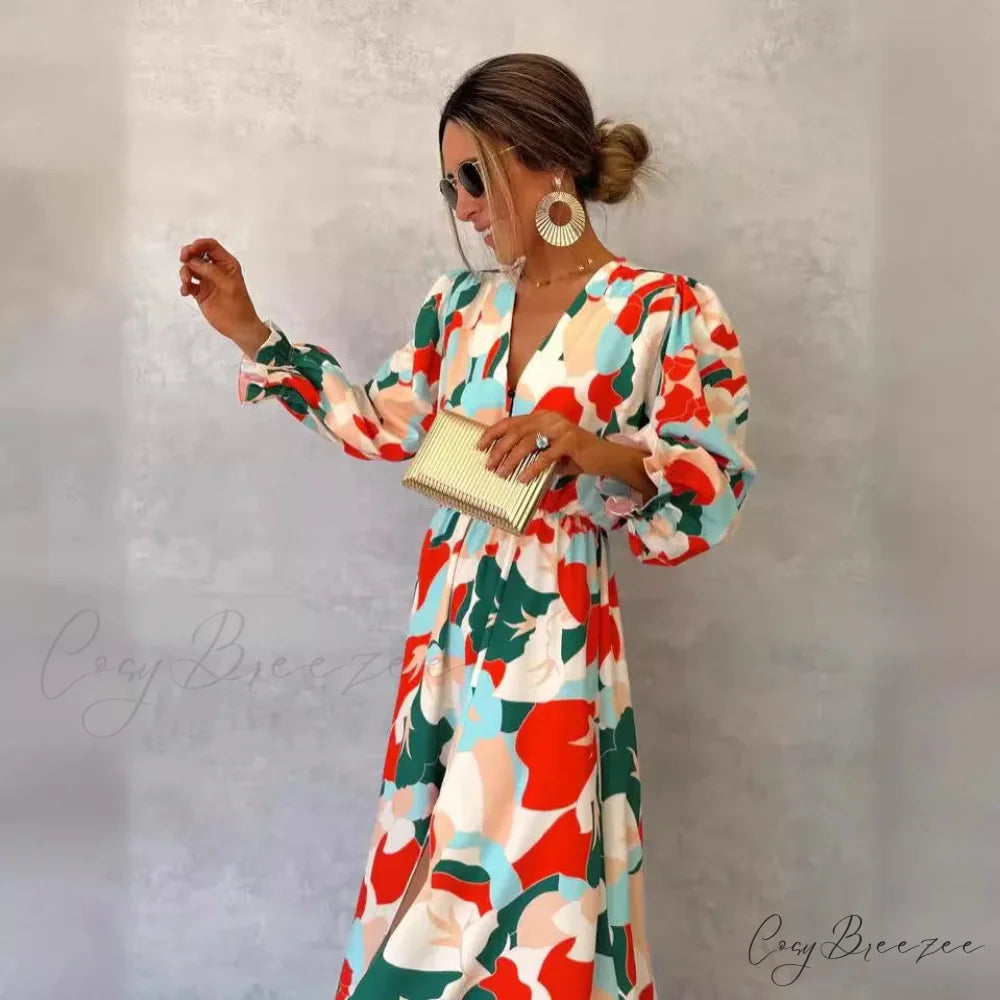 Elegant V-neck Printed Floral Dress oldfloraldress-250126