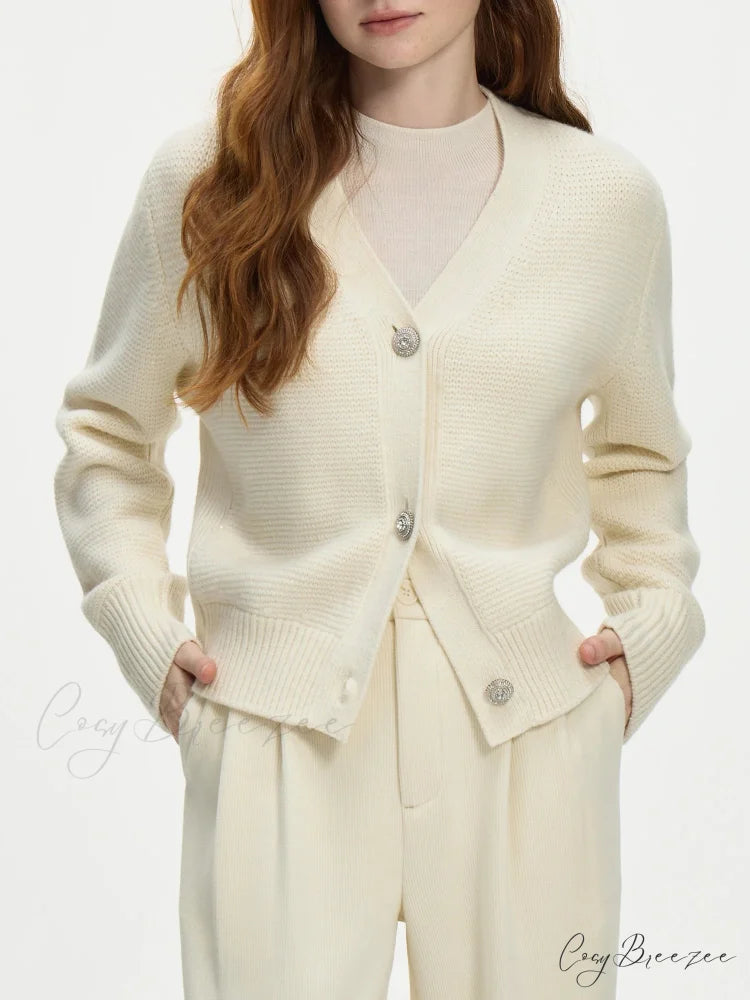 Elegant V-neck Wool Knitted Cardigan Beige / XS