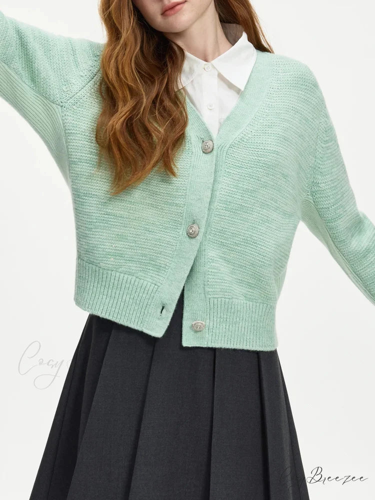 Elegant V-neck Wool Knitted Cardigan Green / XS