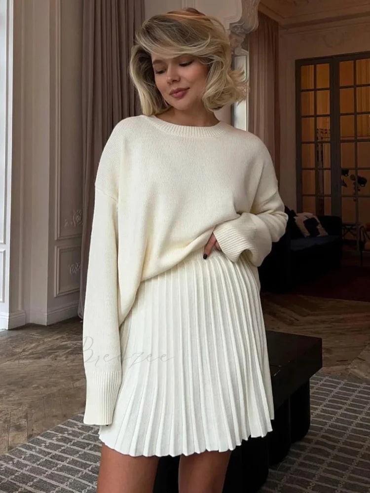 Elegant Vintage 2-Piece Skirt Sweater White / One Size swraters-241228