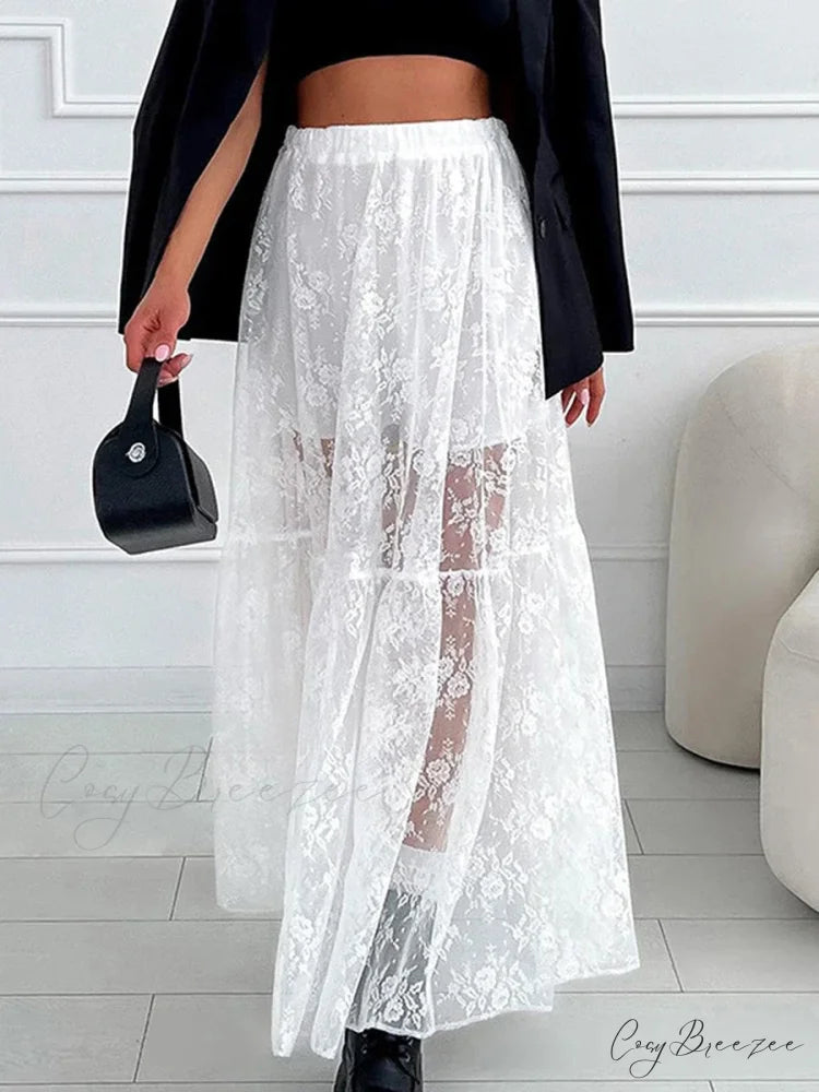 Elegant White Lace Straight High Waist Jacquard Weave Skirt skirt-250126