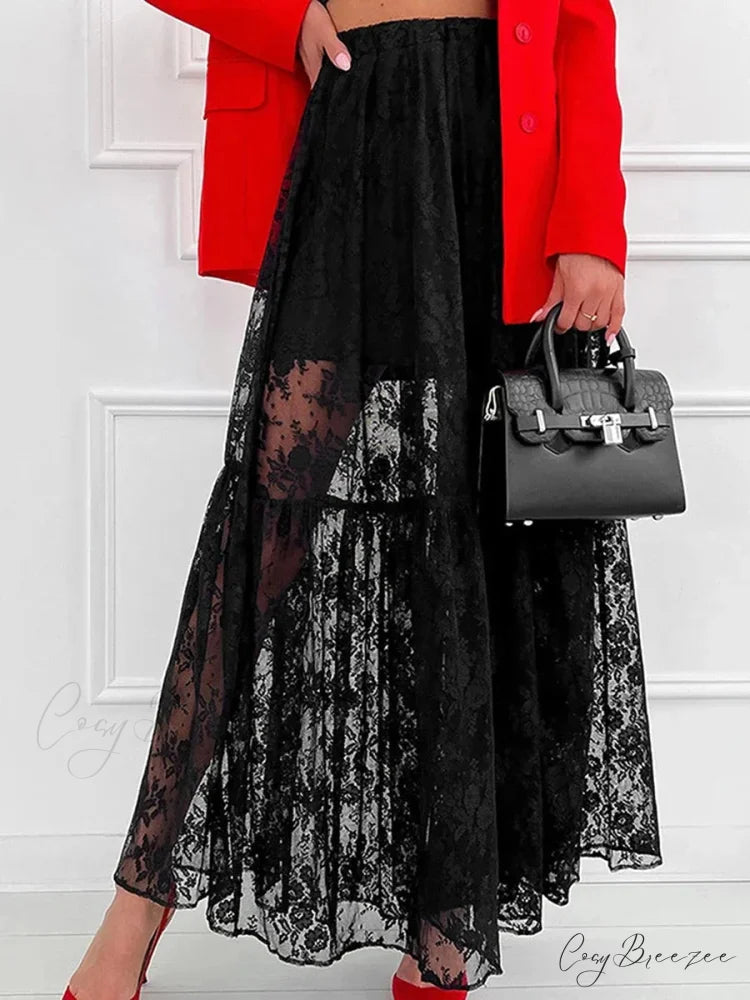 Elegant White Lace Straight High Waist Jacquard Weave Skirt Black / S skirt-250126