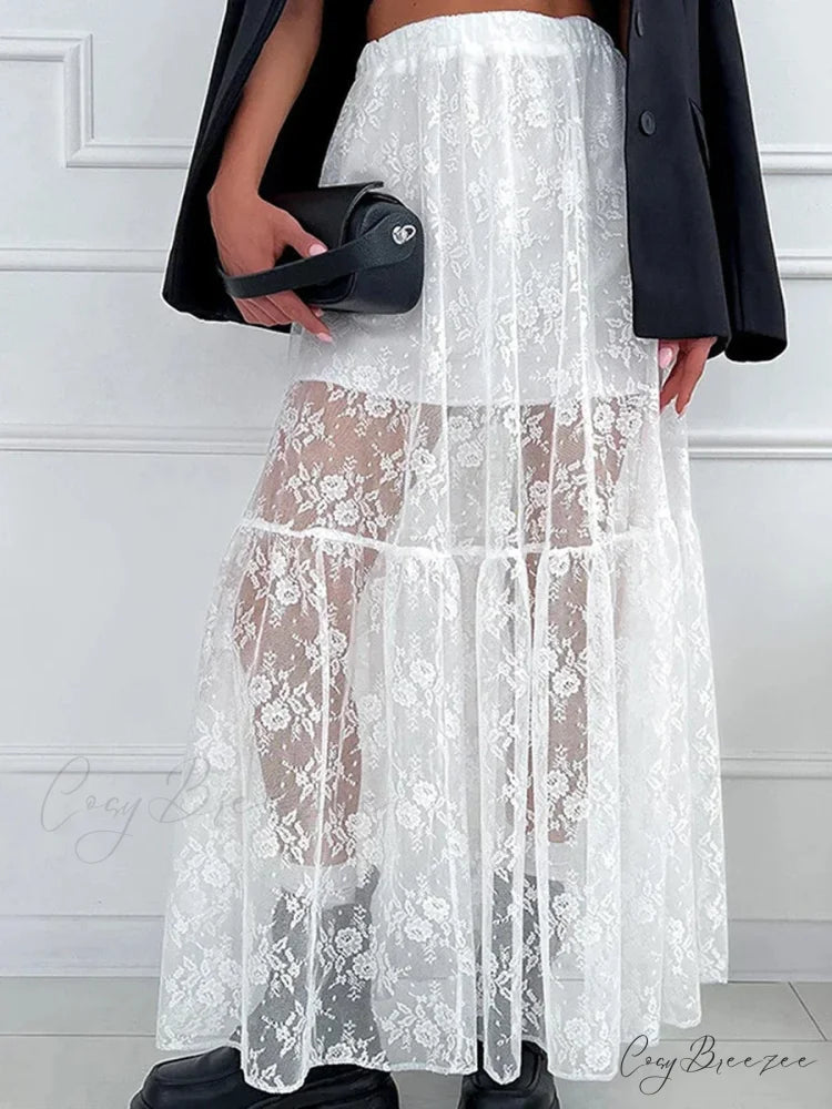 Elegant White Lace Straight High Waist Jacquard Weave Skirt WHITE / S skirt-250126