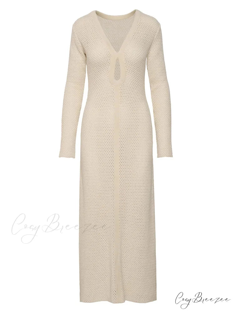 Elegant Women Knitted Sleeve Deep V Neck Front Hollow Out Solid Color Slim Beach Vestidos
