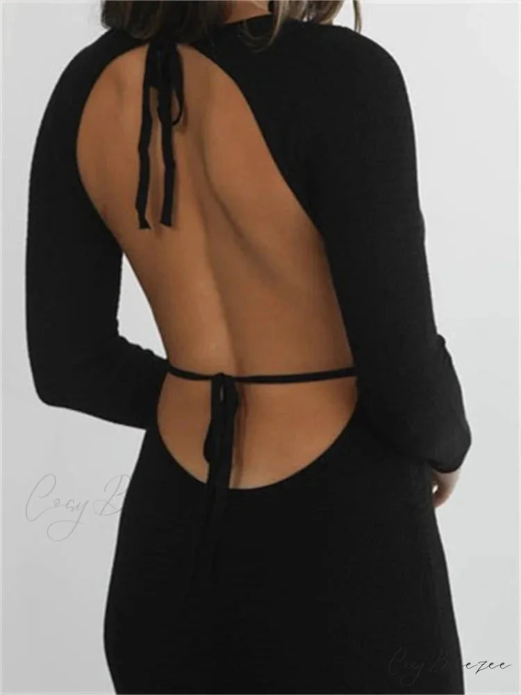 Elegant Women Round Neck Party Solid Color Sleeve Backless Tie Up Party Female Vestidos
