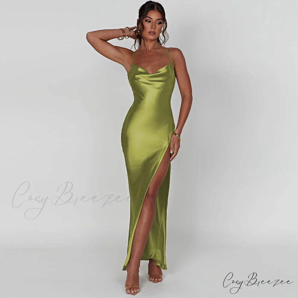 Elegant Women Satin V-neck Low Cut Spaghetti Strap Backless Ruched High Split Party Female Vestidos