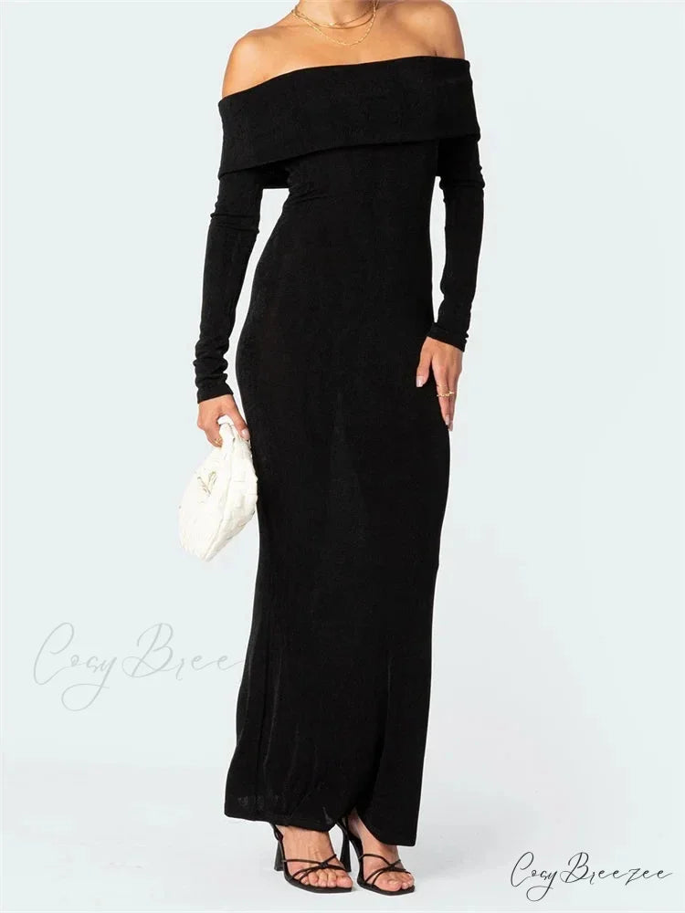 Elegant Women Slash Neck Off Shoulder Bodycon Black Solid Sleeve Party Formal Female Vestidos